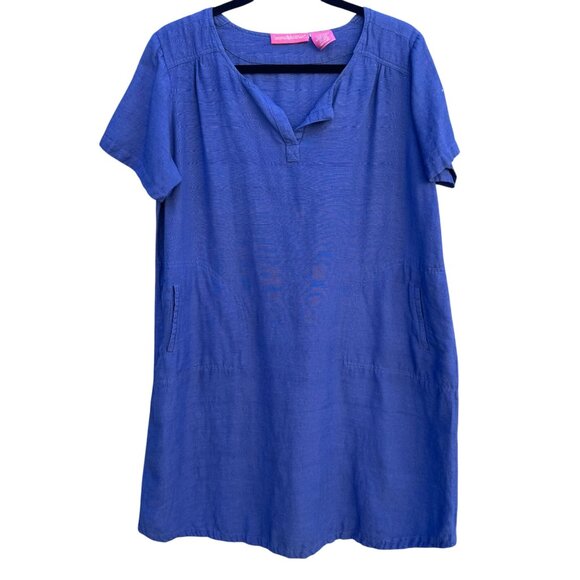 Woman Within Vintage Linen Short Sleeve V-Neck Blue Knee Length Pocket Dress 14W - Picture 1 of 9